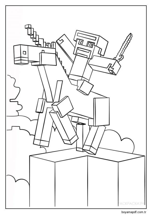 Elmas bir kılıç tutan tek boynuzlu bir ata biniyorum. Ben Minecraft'ın kralıyım! Boyama Sayfası