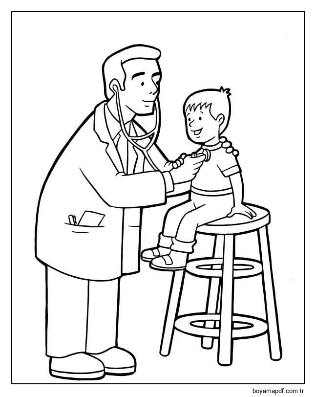 Erkek doktor Erkek Bebeği Muayene Ediyor Boyama Sayfası