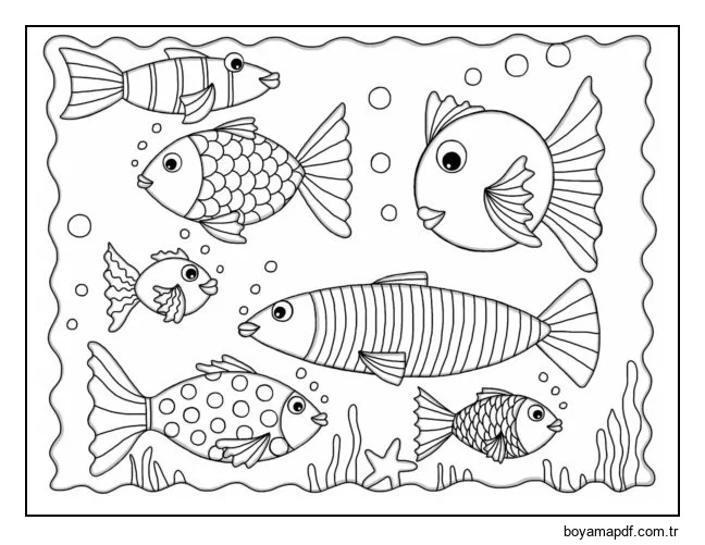 Farklı şekil ve boyutlarda balıklar karakter çizimi