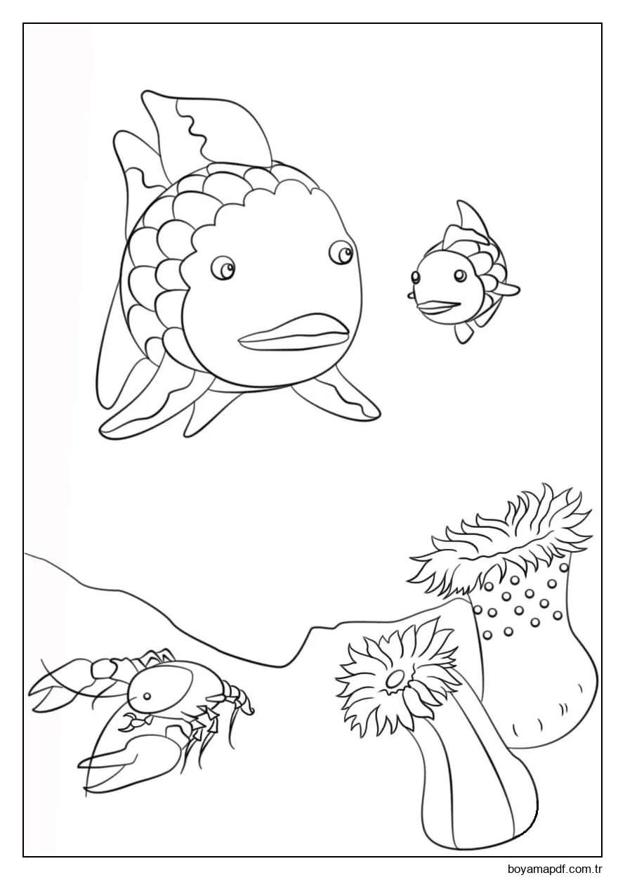 Gökkuşağı Balığı, Kerevit Ve Küçük Balık karakter çizimi