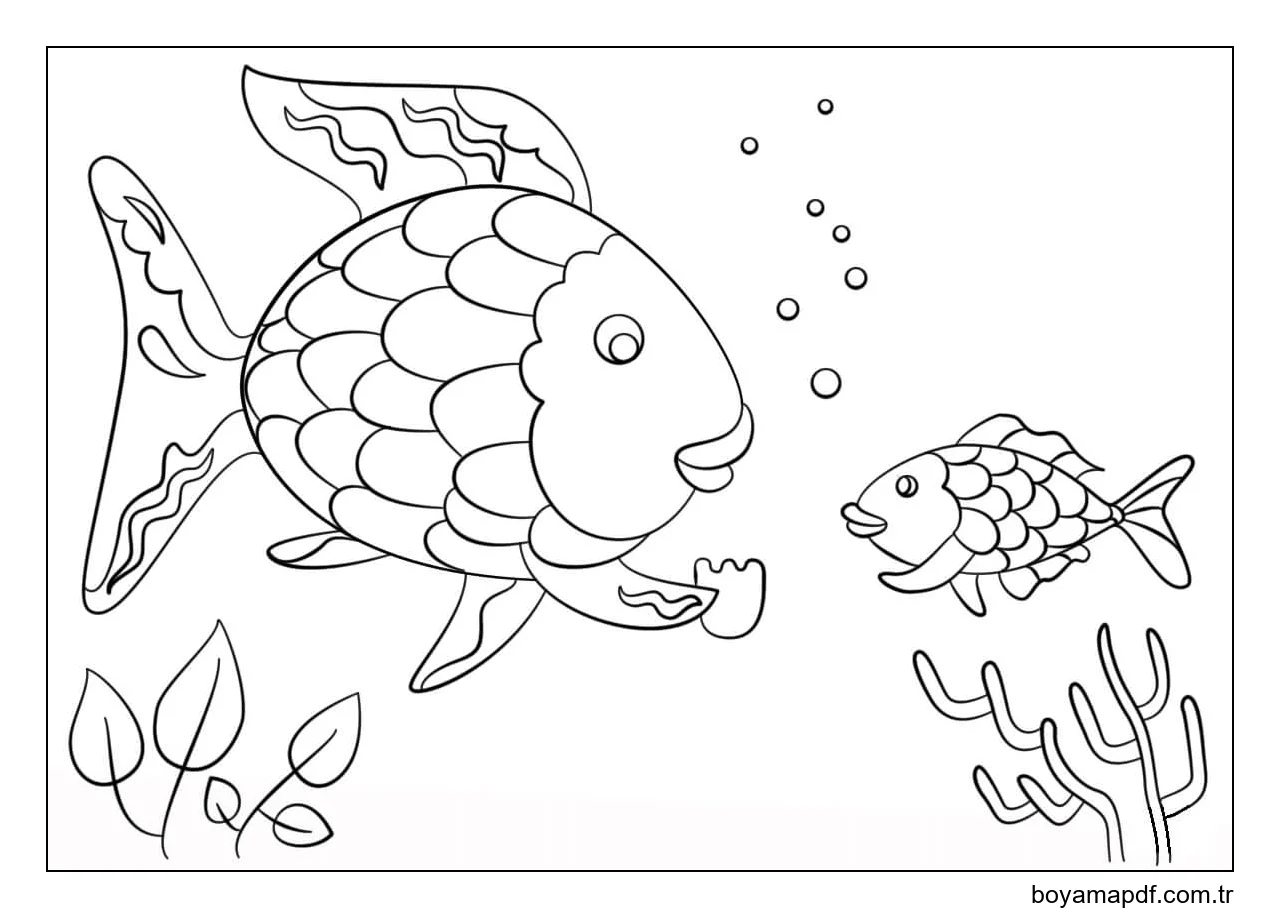 Gökkuşağı Balığı Ve Küçük Balık karakter çizimi