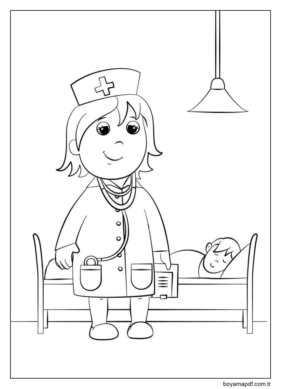 Gülümseyen Kadın Doktor ve Uyuyan Çocuk Boyama Sayfası