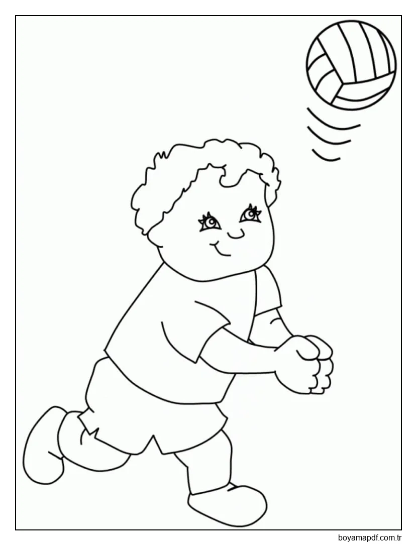 Gülümseyen küçük çocuk Voleybol Oynuyor Boyama Sayfası