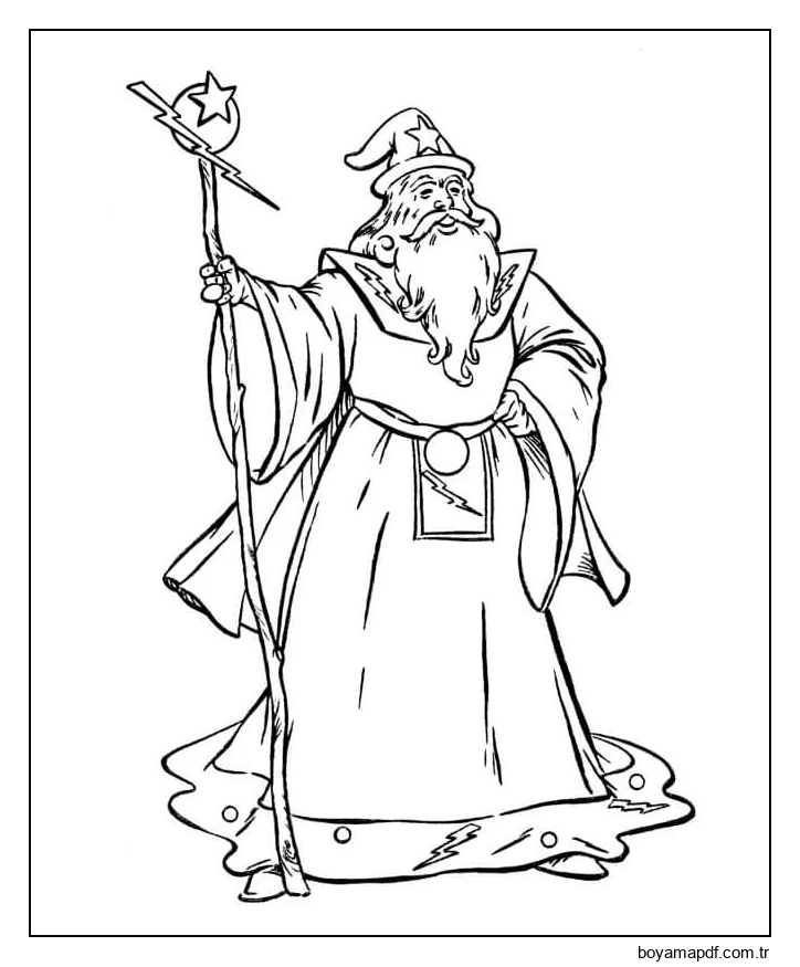 Gülümseyen Yaşlı Sihirbaz karakter çizimi