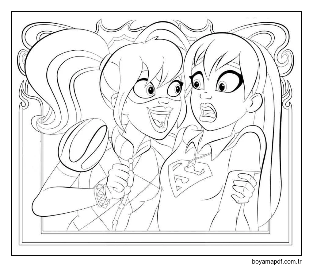 Harley Quinn ve Süper Kız karakter çizimi