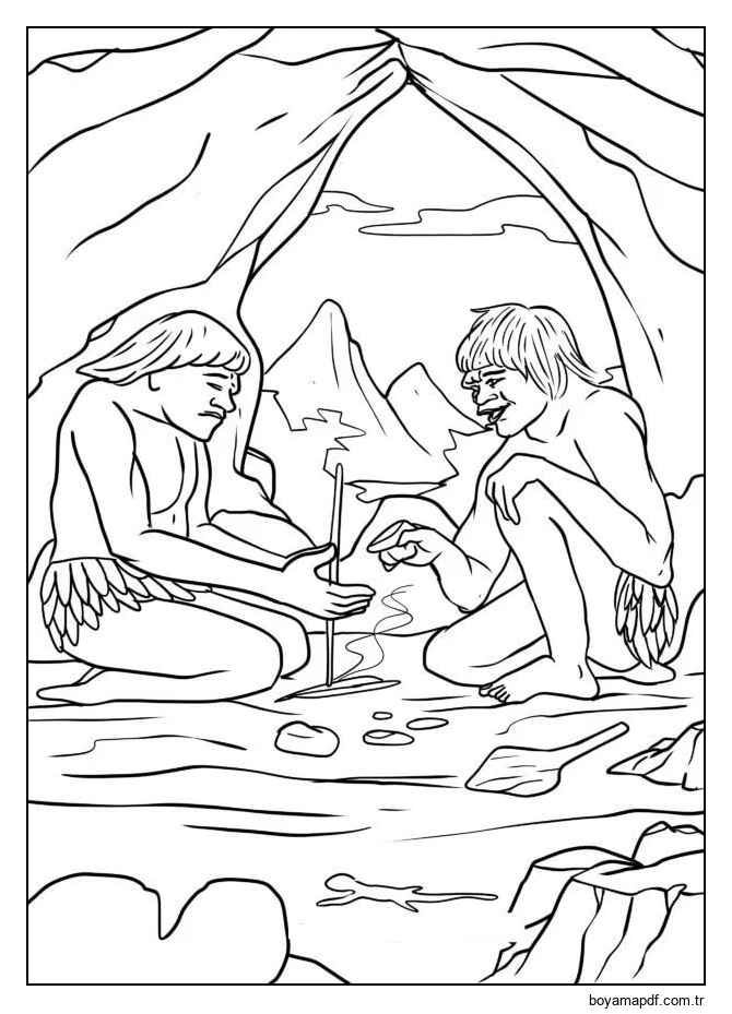 İki Ilkel insan Ateş Yakar karakter çizimi