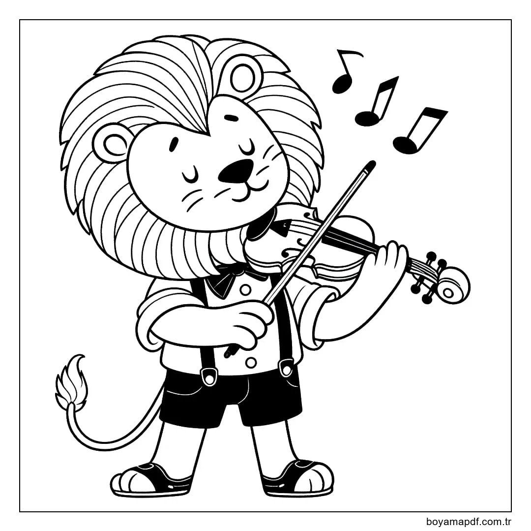 Keman çalan aslan karakter çizimi
