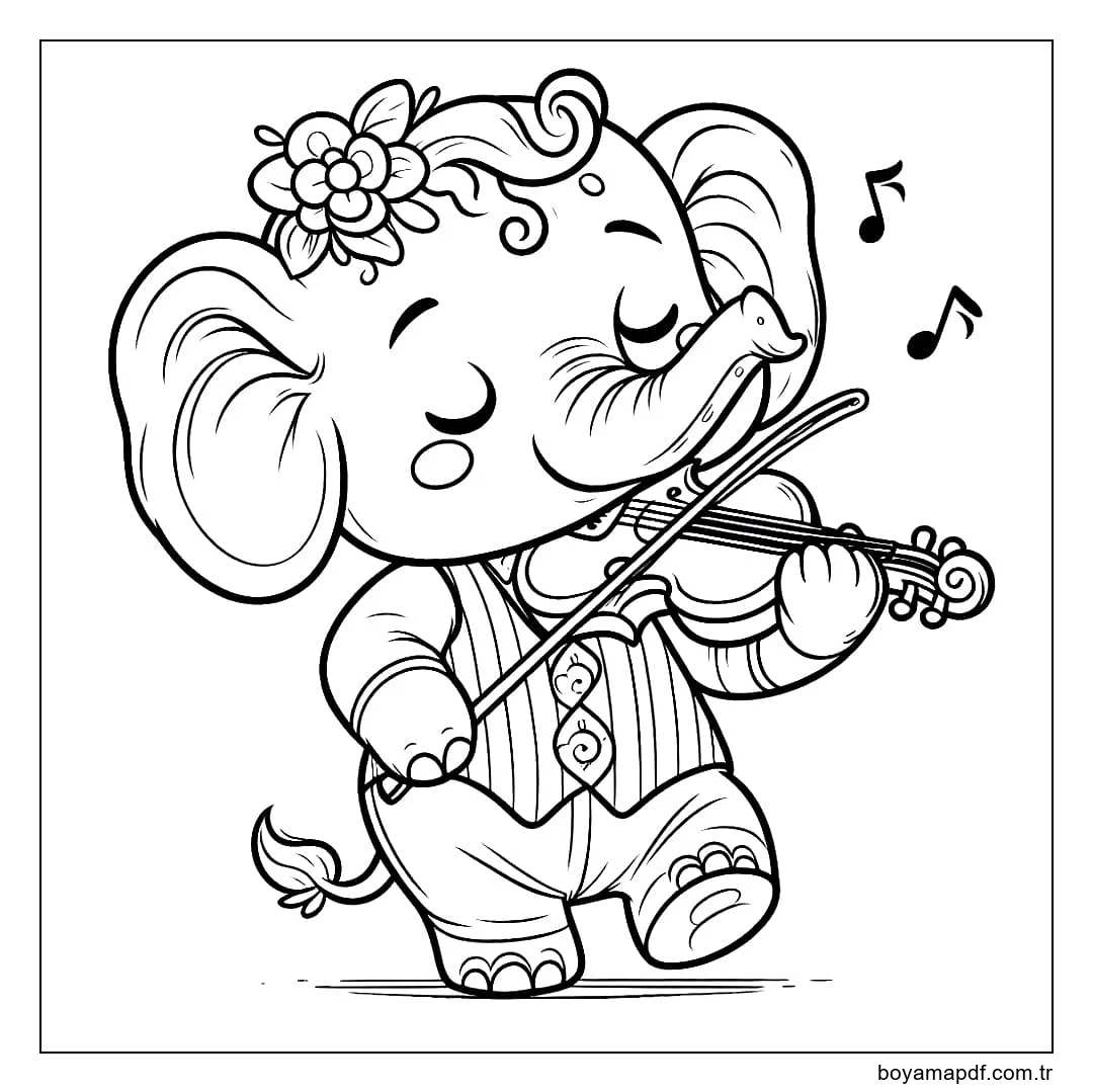 Keman çalan fil karakter çizimi