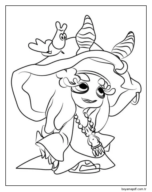 Kız kardeşlerden biri, başında salyangoz bulunan alışılmadık kıyafetler giyiyor karakter çizimi