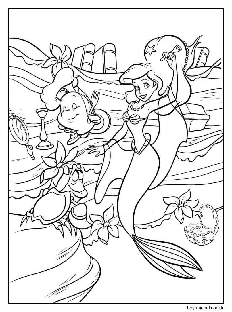 Komik Deniz Kızı Ariel ve Arkadaşları Boyama Sayfası