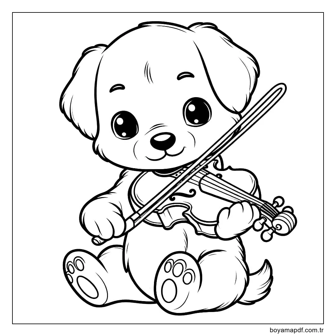 Köpek yavrusu keman çalıyor karakter çizimi