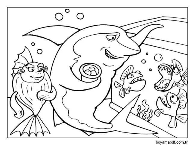 Köpekbalığı akvaryum balıklarını besliyor. karakter çizimi