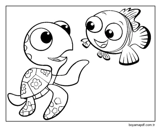Küçük balık ve kaplumbağa karakter çizimi