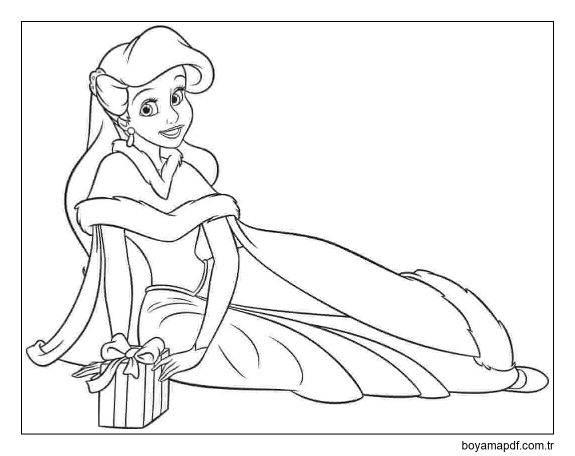 Küçük Deniz Kızı Hediye Kutusuyla Oturuyor Boyama Sayfası