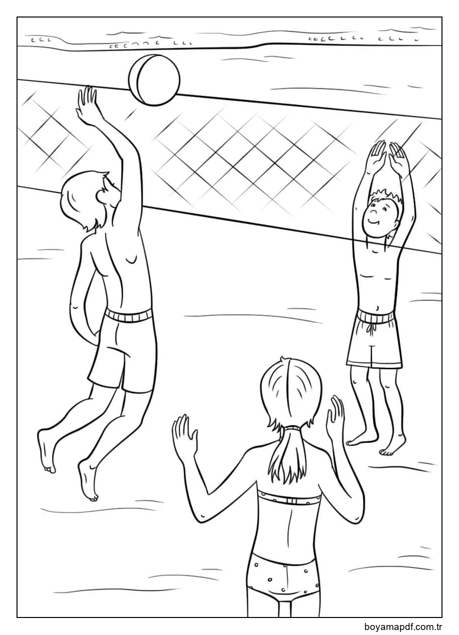 Kumsalda Voleybol Oynayan Üç Çocuk Boyama Sayfası