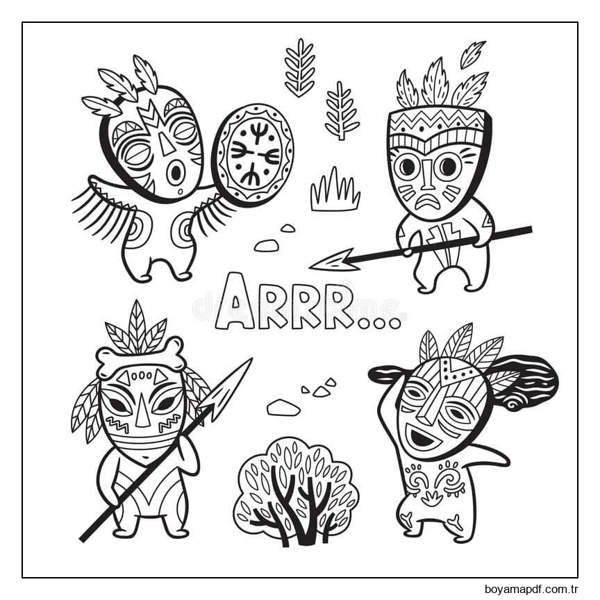 Maskelerde taş çağı Kabilesinden Insan Kümesi karakter çizimi