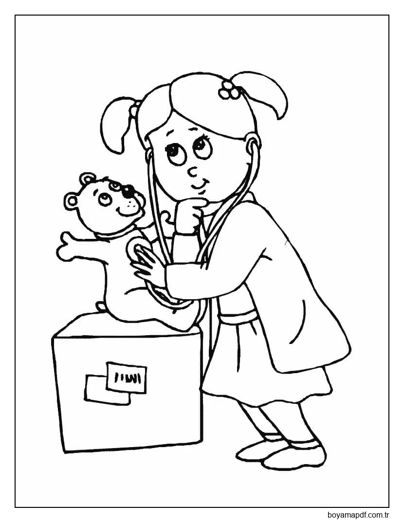 Smiling Kid Girl Doctor with Teddy Bear Boyama Sayfası