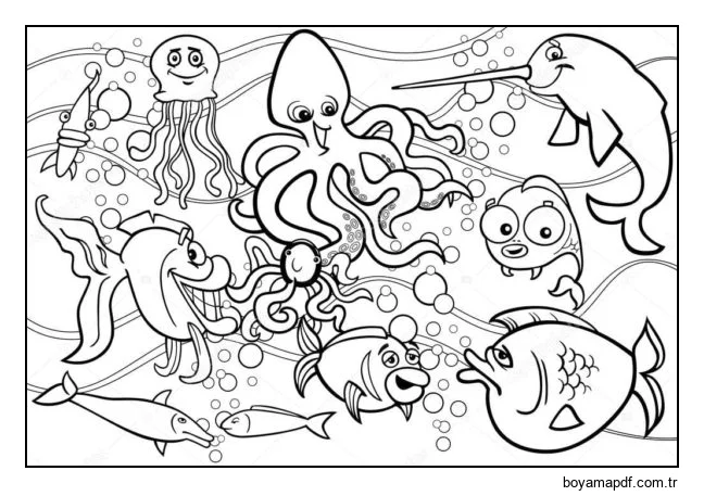 Sualtı dünyasında parti. İşte balıklar, ahtapotlar ve denizanaları. karakter çizimi