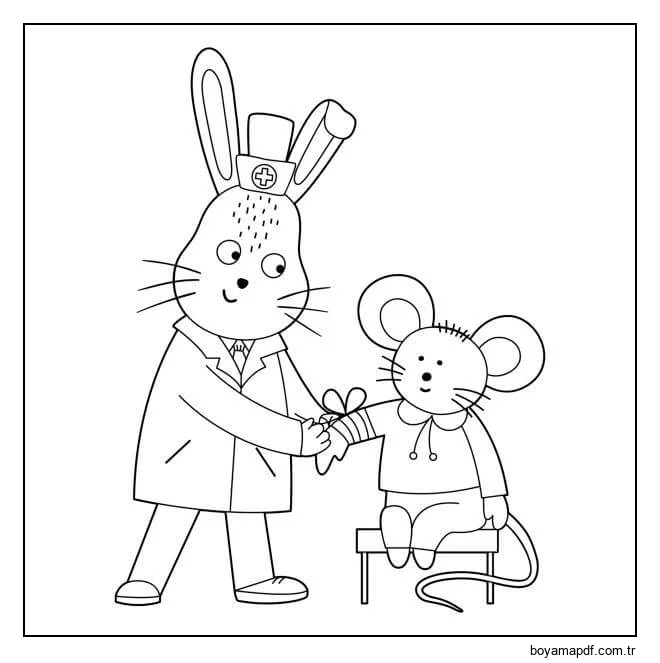 Tavşan Doktor Fareyi Inceliyor Boyama Sayfası
