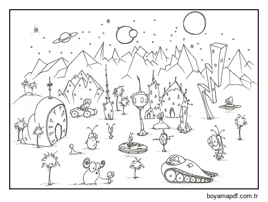 UFO'lar Ve Yeni Gezegenler Boyama Sayfası