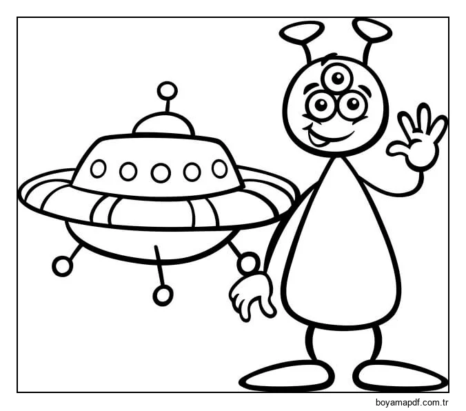 UFO Ve Uzaylı Gülümseyerek Boyama Sayfası
