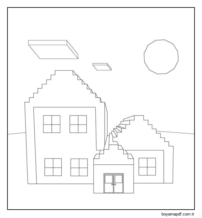 Uzantısı olan şık bir ev. Güneş parlıyor ve bulutlar uçuyor. Boyama Sayfası