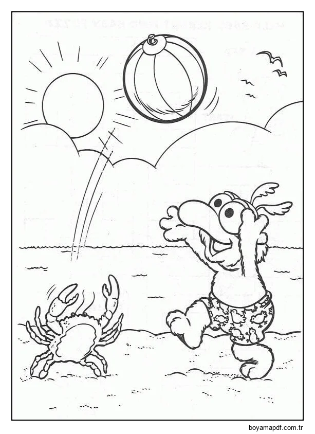 Voleybol Oynayan kukla Bebekler ve Yengeç Boyama Sayfası